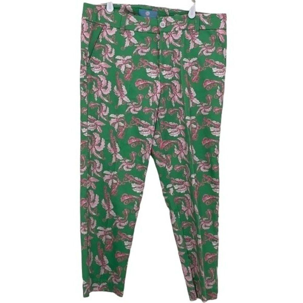 Kaeli Smith Pants Women's 8 Green Pink‎ Palm Tree Print Ankle Tapered Resort USA